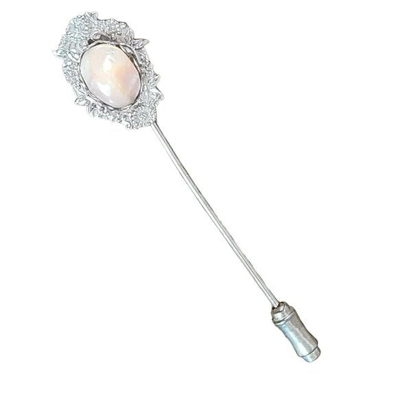 Vintage Delicate Pearlescent Cabochon Stone Stick Pin Silvertone Floral Filigree - Picture 1 of 6